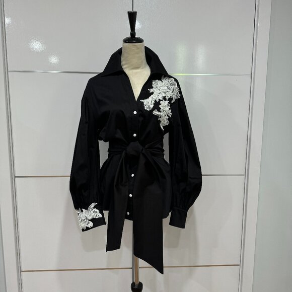Gizia Tops - GIZIA Belted Embroidery Detailed Voluminous Sleeve Black Blouse, Size 38